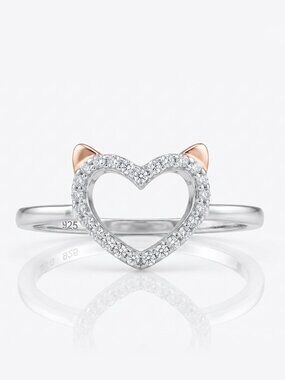 Cat Heart Ring, Solid 925 Sterling Silver Charmed Aroma Cat Collection